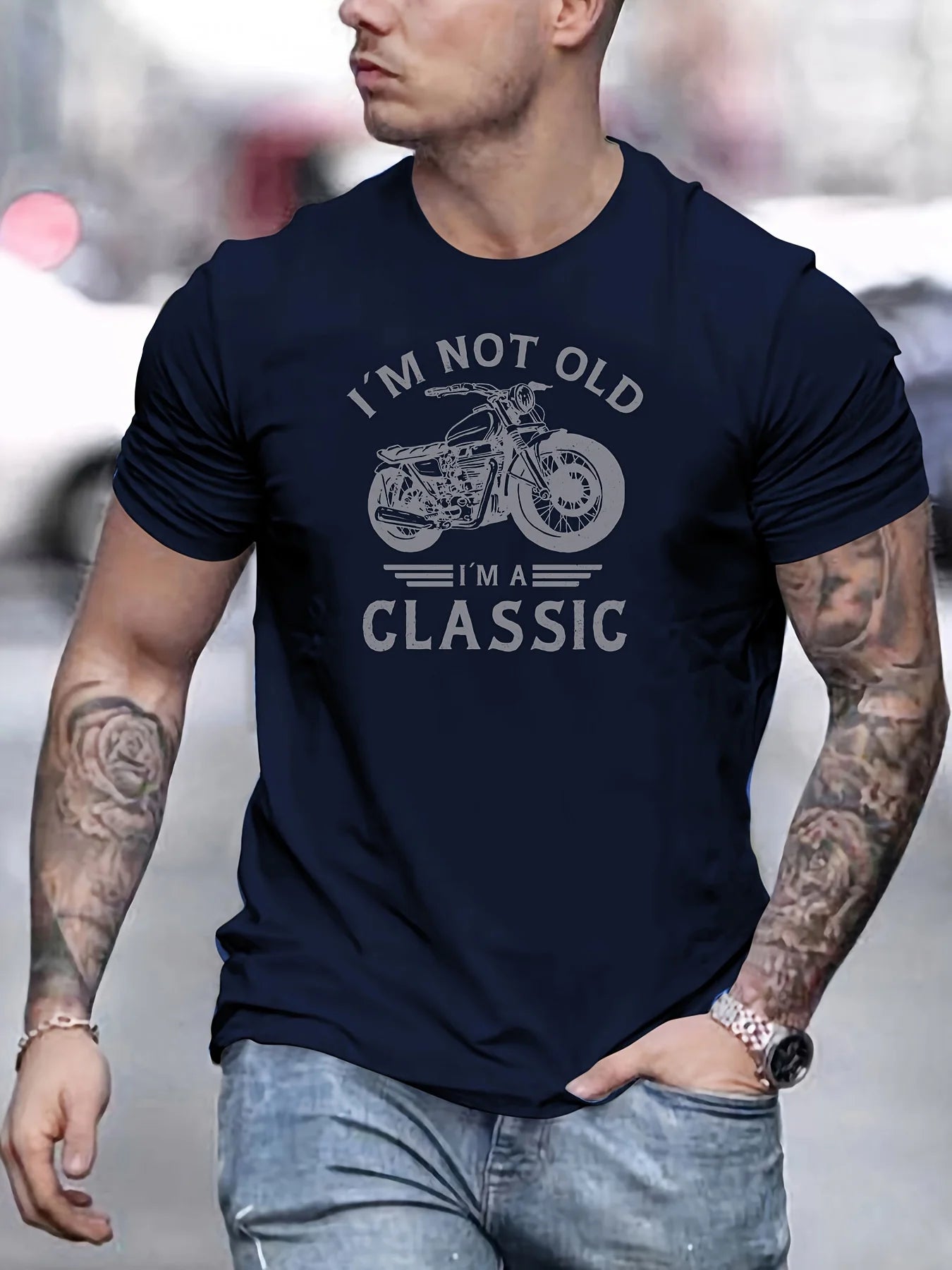 Summer men's 100% pure cotton casual loose oversized classic motorcycle creative printed round neck short sleeved T-shirt top