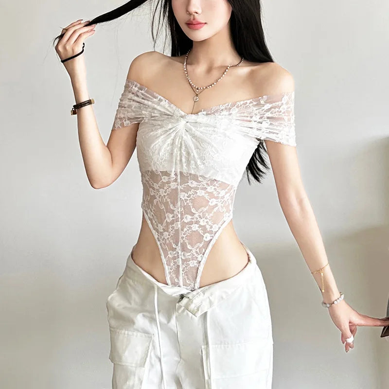 Solid Bodysuit Off Shoulder Lingerie Sexy Body Feminino See Through Lace One-pieces Bustier Black Tops Women Festival Outfits
