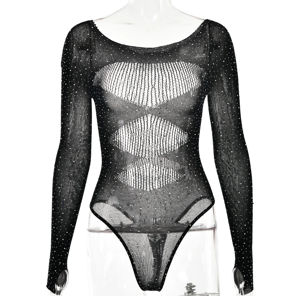 Long sleeve bodysuits sexy Summer outfit body suits women y2k clothes black bodysuit knitted rhinestone body suits seethrough