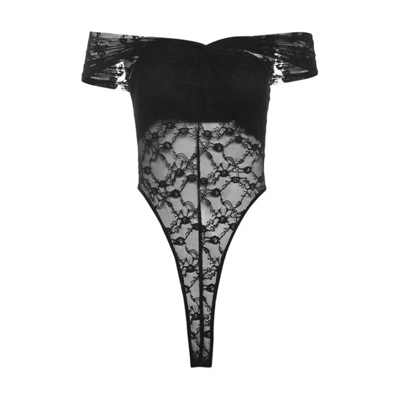 Solid Bodysuit Off Shoulder Lingerie Sexy Body Feminino See Through Lace One-pieces Bustier Black Tops Women Festival Outfits