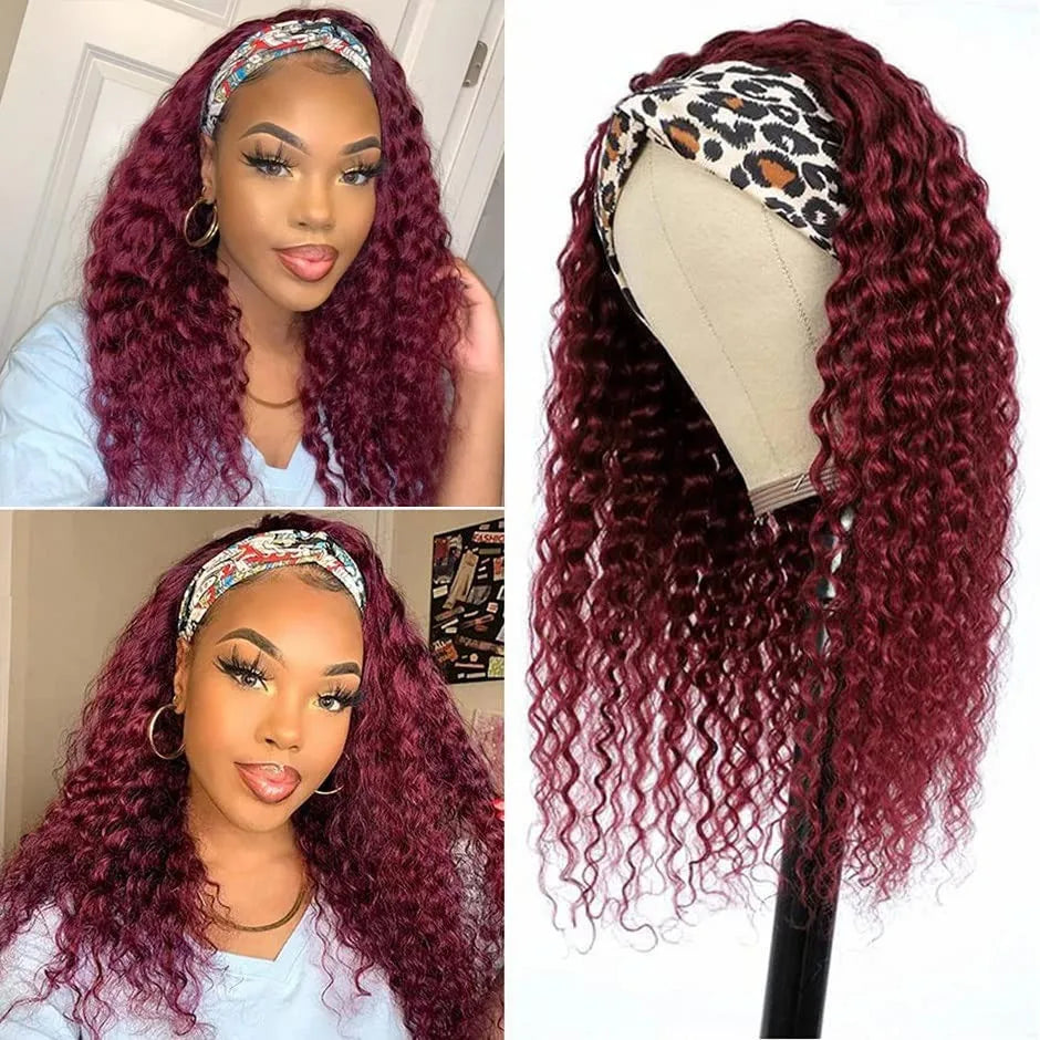 99J Burgundy Headband Wig Human Hair Deep Wave Headband Wigs Red Wine Water Wave Half Wigs Human Hair Wigs for Black Women