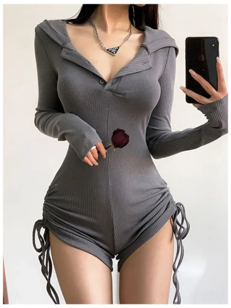 New Women Sexy Wasteland Style Hooded Rompers Spring Summer Solid Color Thin Long Sleeve Drawstring Shorts Spicy Girl Jumpsuit