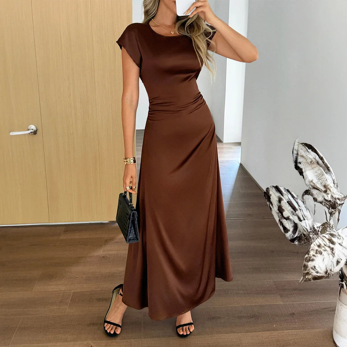 Phantasy Elegant Temperament Dresses Fashion Short Sleeved Solid Color Casual Long Skirt Slim Fit Long Dress Female Clothing ﻿