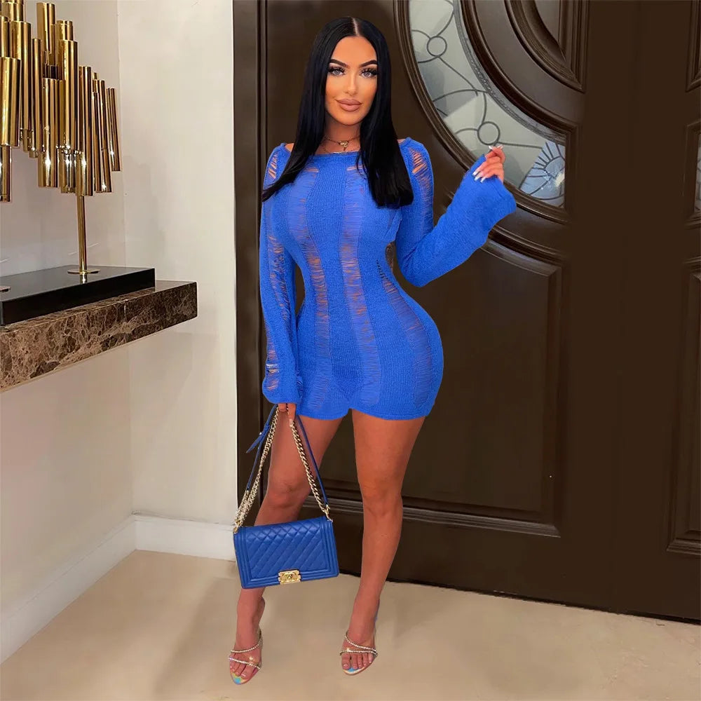 Leosoxs Rip Romper Women See Through Summer One Word Collar Backless Sexy Skinny Fitness Playsuit Activity Party Clubwear