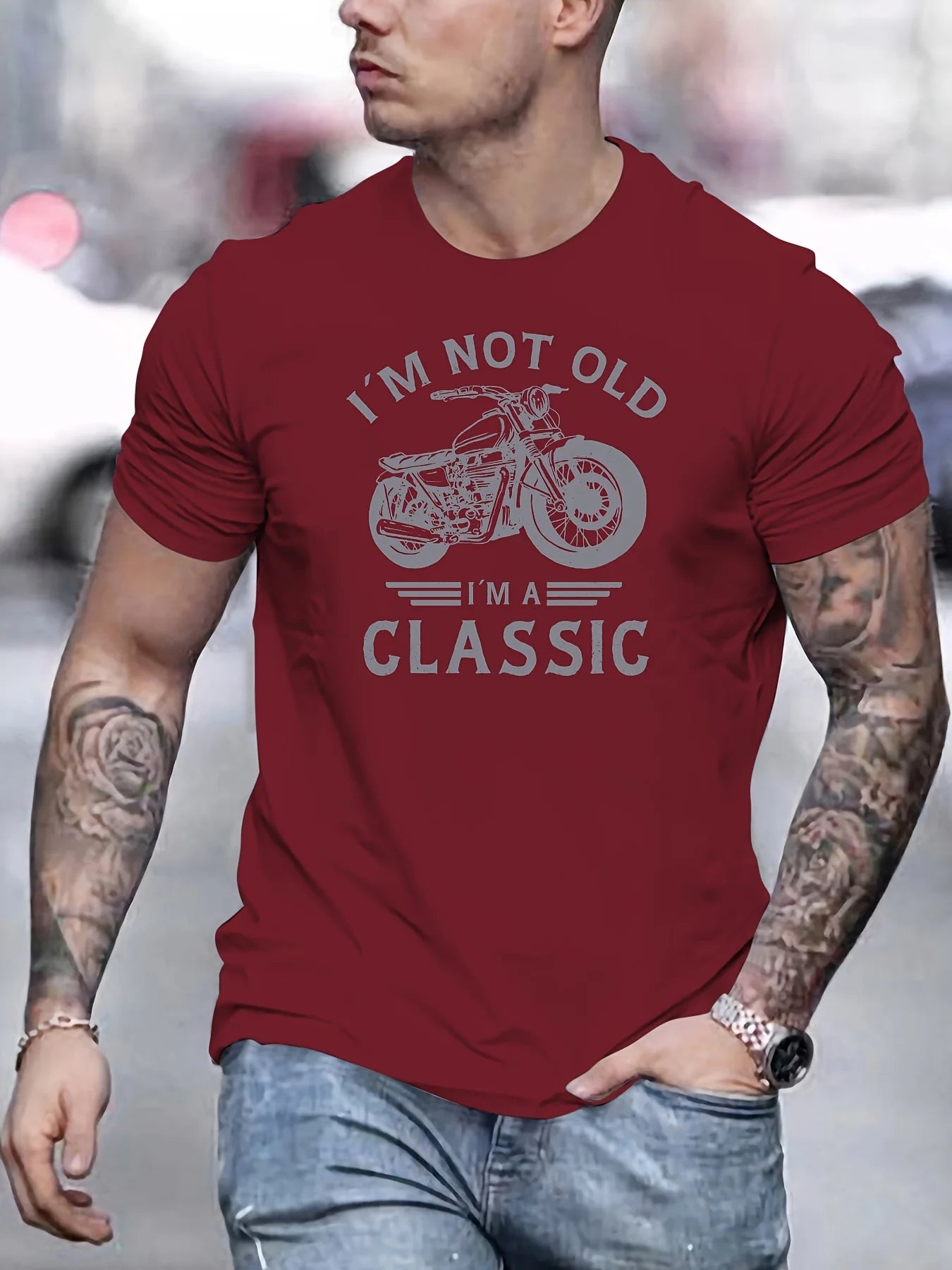 Summer men's 100% pure cotton casual loose oversized classic motorcycle creative printed round neck short sleeved T-shirt top