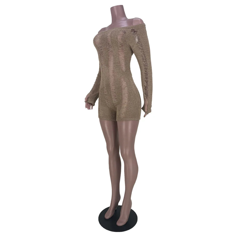 Leosoxs Rip Romper Women See Through Summer One Word Collar Backless Sexy Skinny Fitness Playsuit Activity Party Clubwear