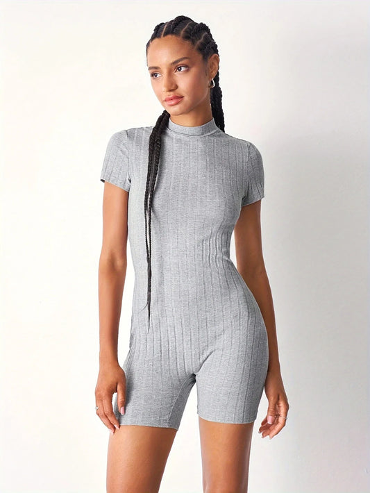 Womens Rib-Knit Mock Neck Bodycon Romper Jumpsuit - Casual Short Sleeve, High Neck, Solid Color- Perfect for Daily wear