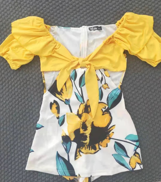 2021 Women Summer Off Shoulder Floral Print Ruffles Cutout Design Romper Knotted Puff Sleeve Skinny Playsuits
