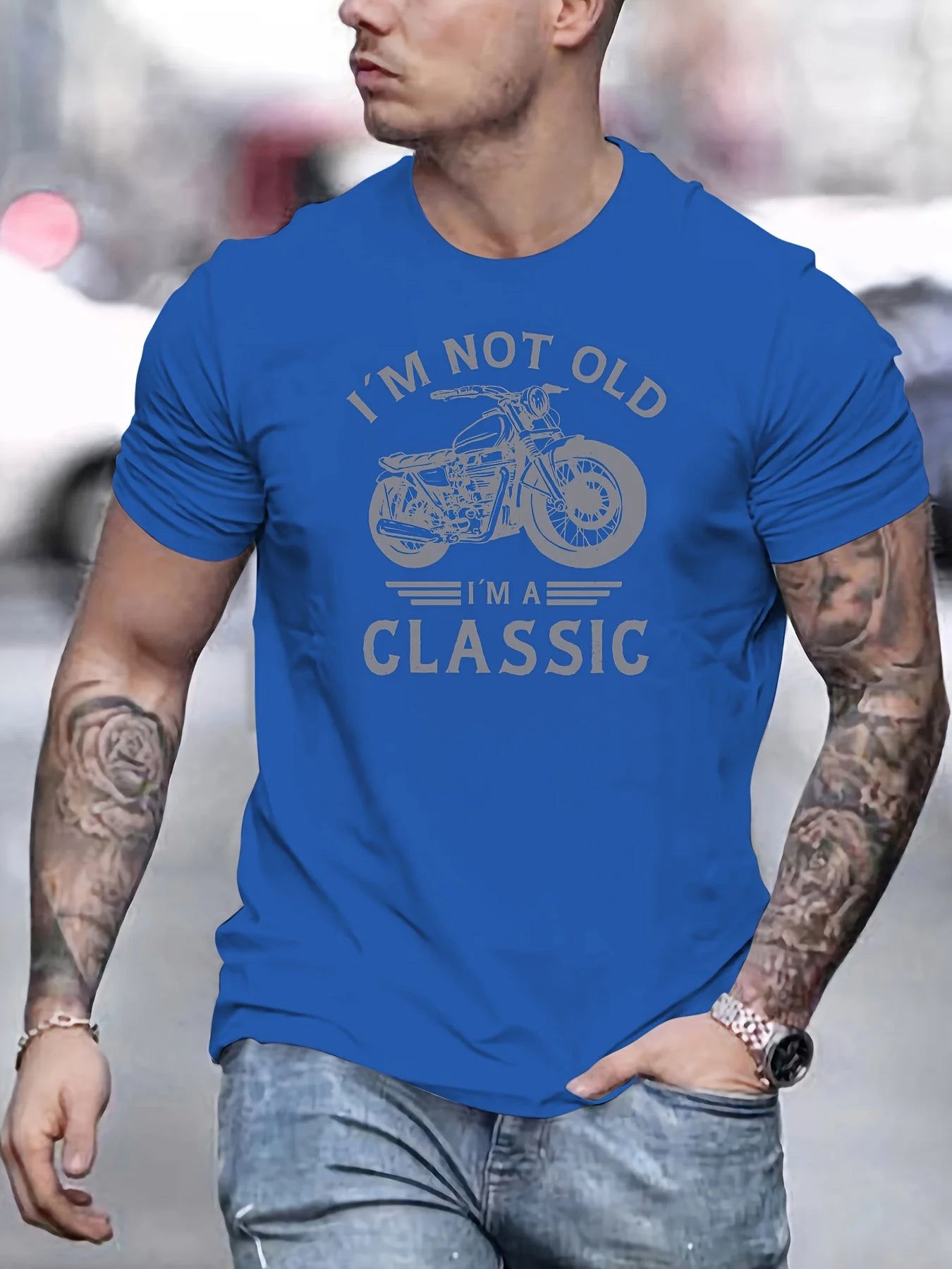 Summer men's 100% pure cotton casual loose oversized classic motorcycle creative printed round neck short sleeved T-shirt top