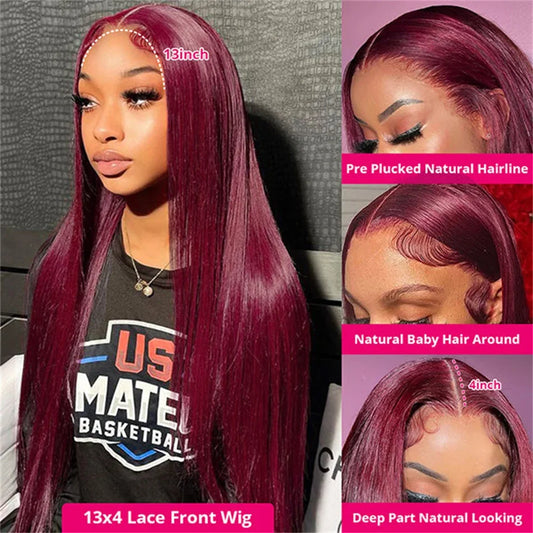 99J Colored Lace Front Human Hair Wigs Straight Burgundy 13x4 HD Transparent Full Lace Frontal Wig Red Glueless Wigs For Women