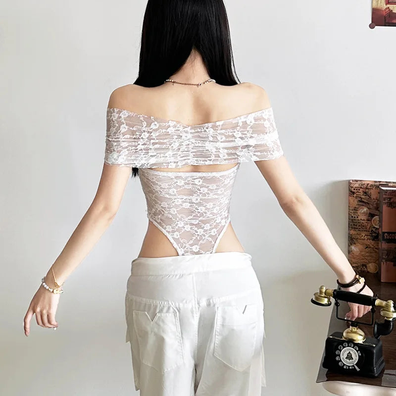 Solid Bodysuit Off Shoulder Lingerie Sexy Body Feminino See Through Lace One-pieces Bustier Black Tops Women Festival Outfits
