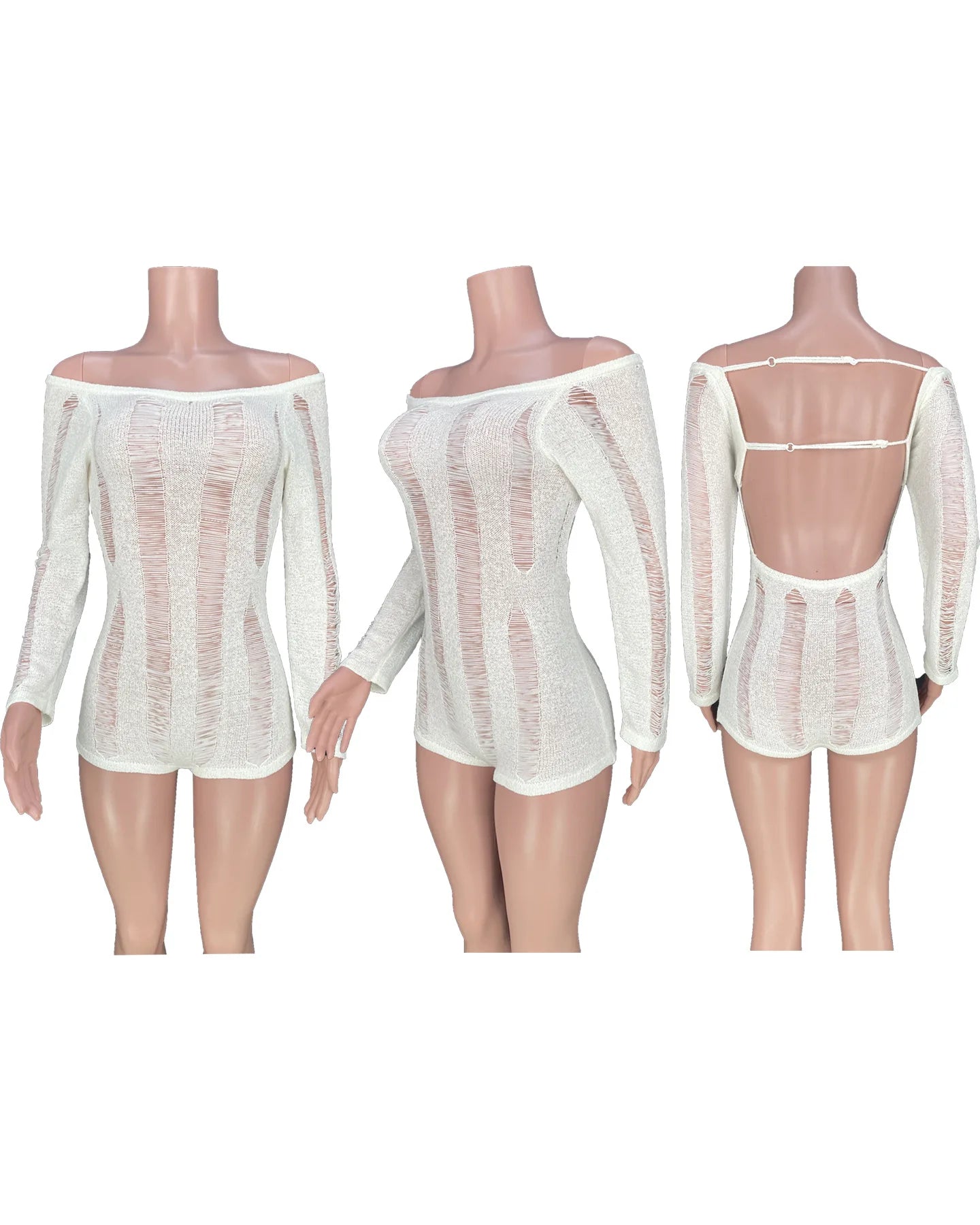 Leosoxs Rip Romper Women See Through Summer One Word Collar Backless Sexy Skinny Fitness Playsuit Activity Party Clubwear