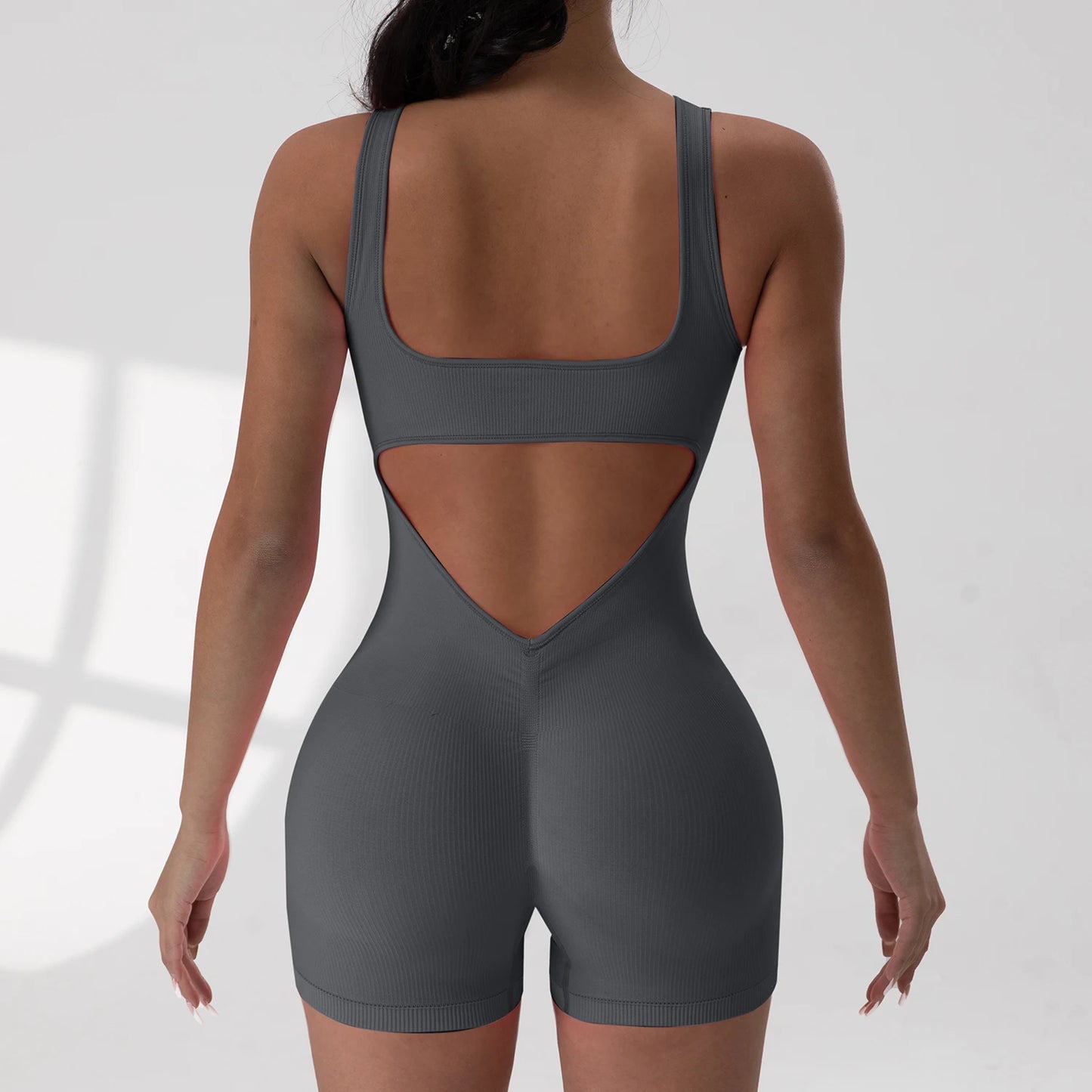 Sexy Backless Women Rompers U Neck Sleeveless Threaded Jumpsuit Solid Color Elastic Bodysuit Without Bust Pads Streetwear