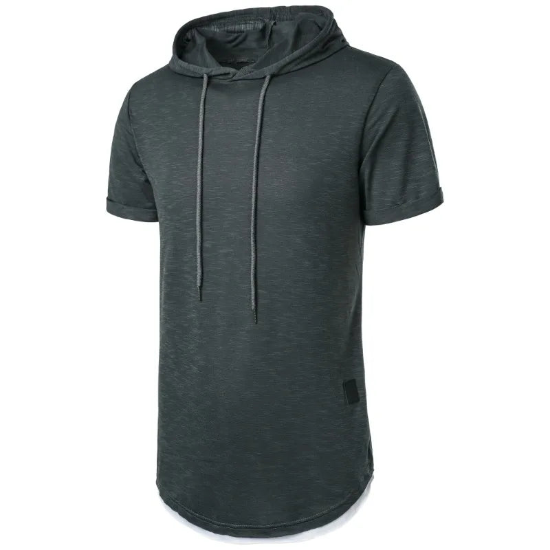 Summer Hooded Sweatwear New Mens Short Sleeve Loose T-shirt Solid Color Lightweight Hoodie Fitness Breathable Collar Tops