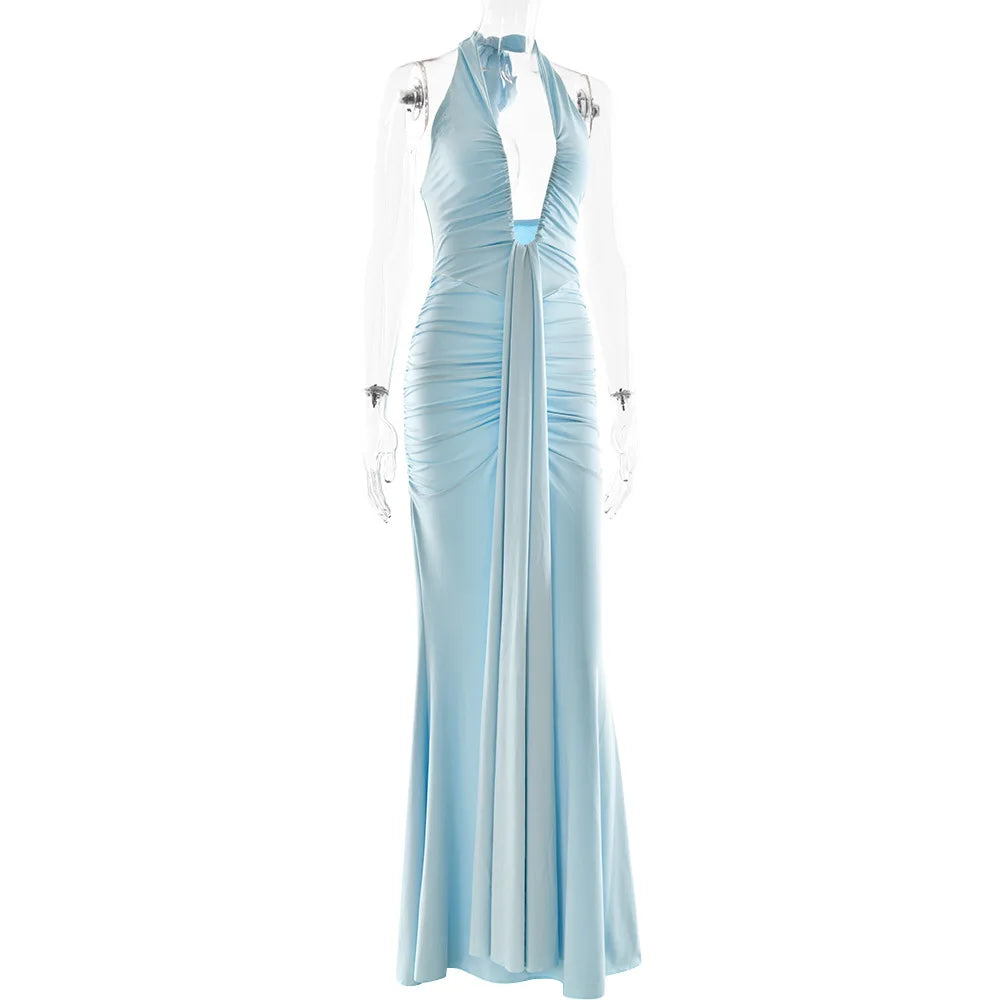 Suninbox Deep V Neck Backless Ruched Sexy Maxi Dress Women Gown Summer Halter Sleeveless Draped Club Party Long Dress 2025