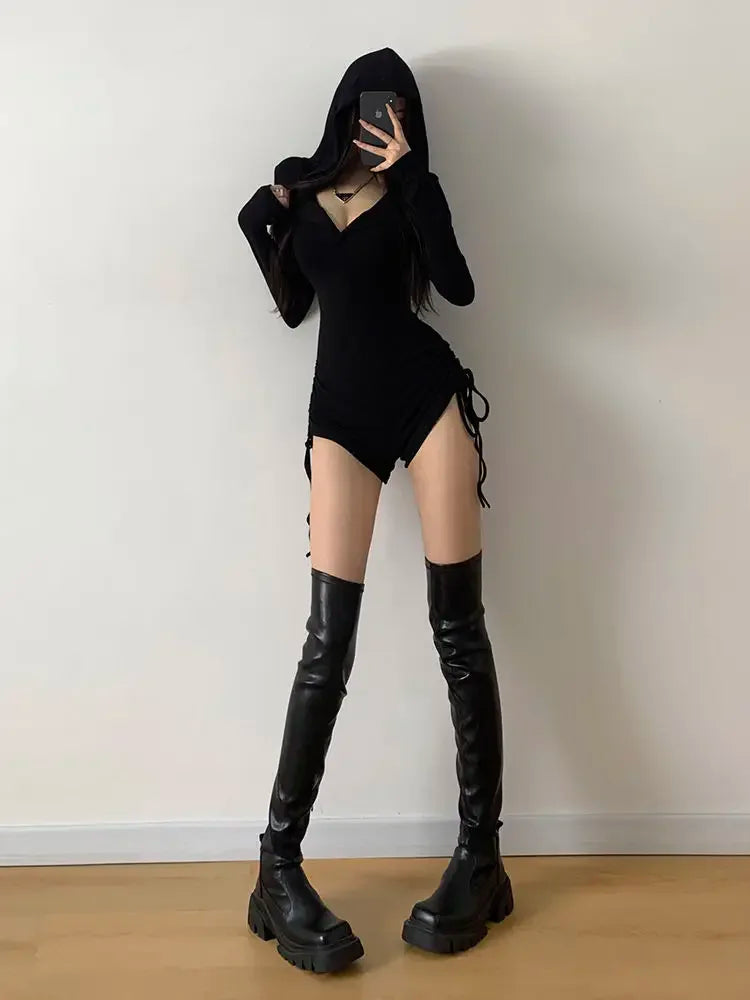 New Women Sexy Wasteland Style Hooded Rompers Spring Summer Solid Color Thin Long Sleeve Drawstring Shorts Spicy Girl Jumpsuit