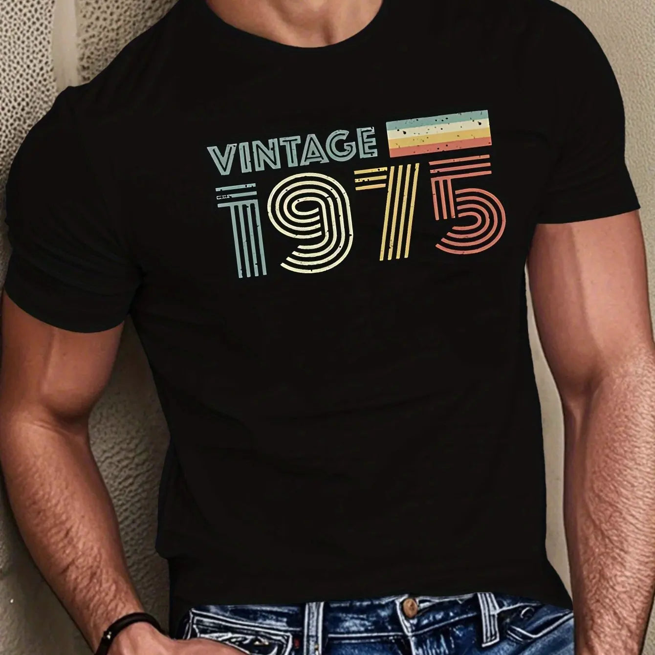 Men's summer 100% pure cotton fashionable casual loose vintage 1975 letter printed sports round neck short sleeved T-shirt top