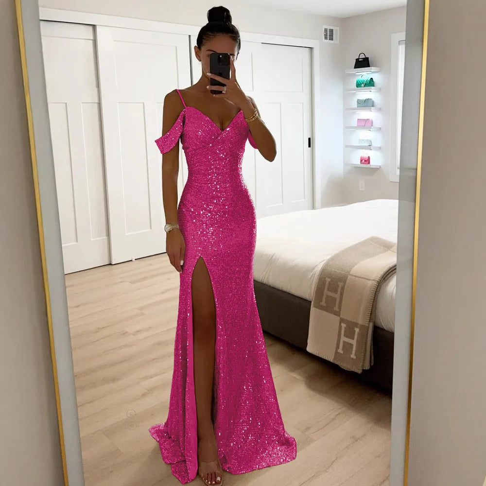 Ladies Fashion V Neck Shiny Sequin Party Dress Elegant Wrap Chest Slim Long Dress 2025 Casual Solid Color Split Evening Dresses
