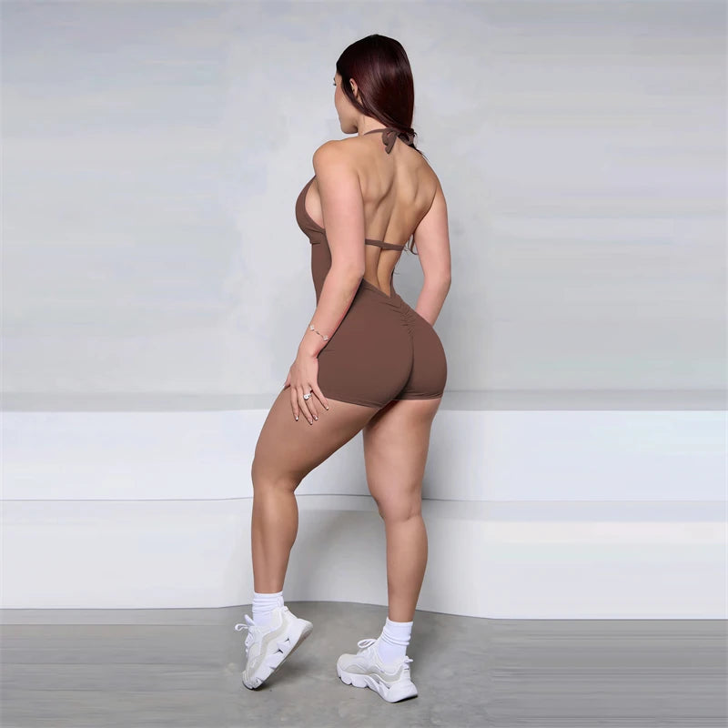 Bum Women Halter Scrunch Butt Rompers Yoga Set Backless One-Piece Suit Women Short Gym Rompers Yoga Set Fitness Boilersuit Sport