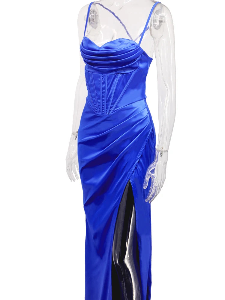 New Summer Prom Dress Women'S Sling Sleeveless Solid Color Dress One Word Neck Slim Fit Open Back Slit Red Sexy Dress