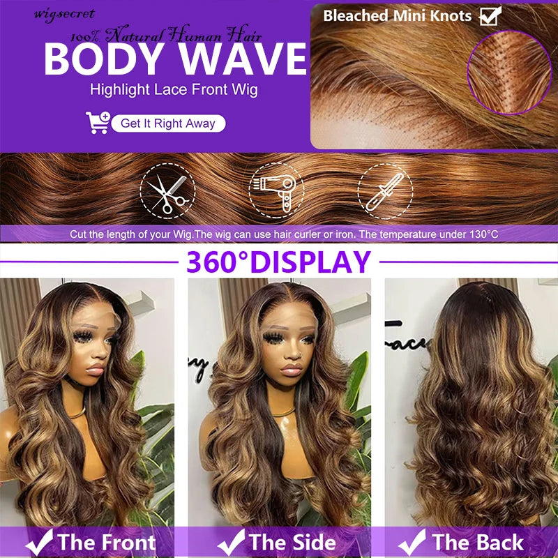Highlight 13X4 Lace Frontal Human Hair Wigs 4/27 Ombre Colored Preplucked 30 Inch Body Wave Lace Front Wig Human Hair For Women