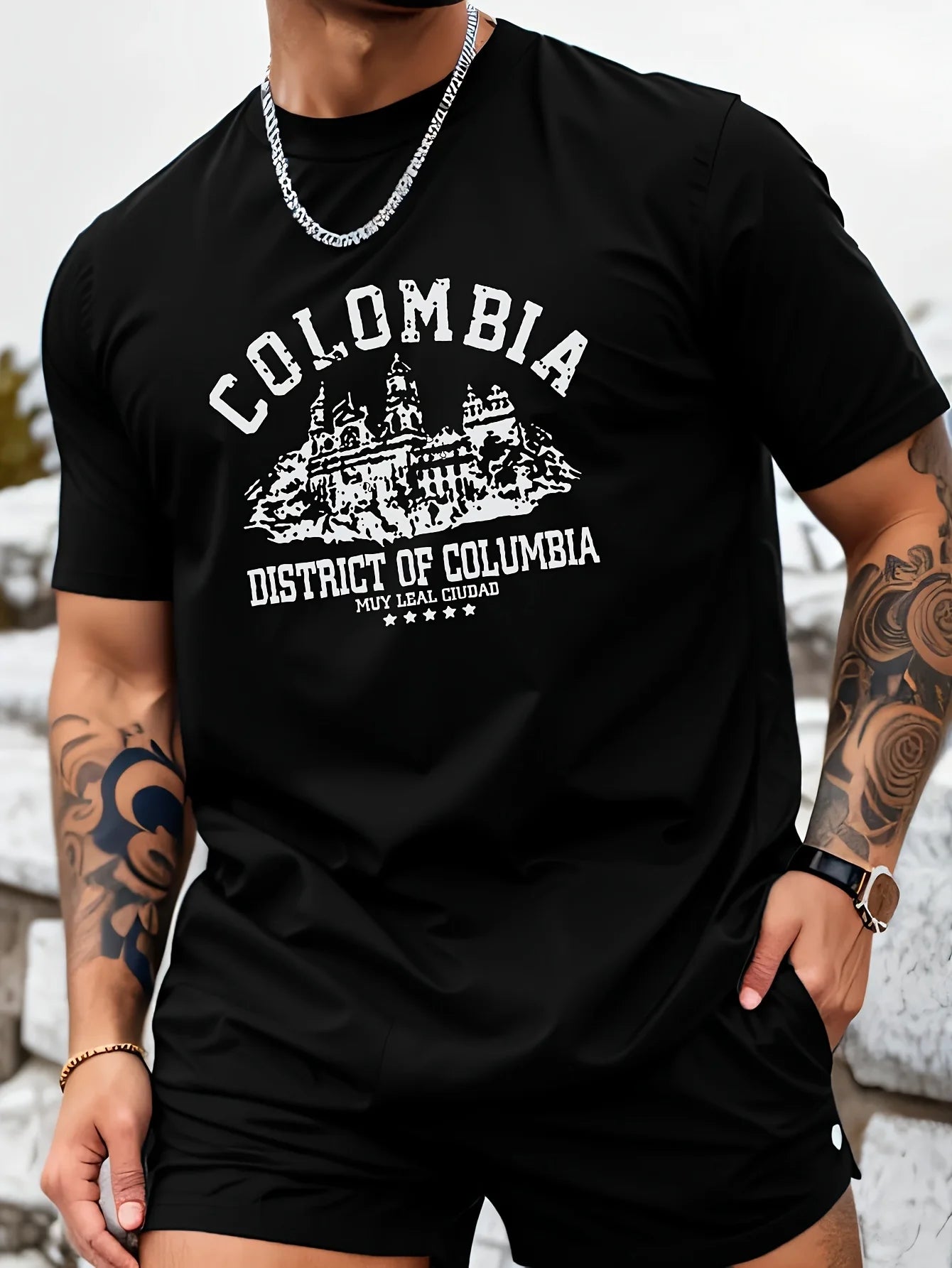 Men's summer 100% pure cotton fashionable casual loose Colombian architectural letter printed round neck short sleeved T-shirt