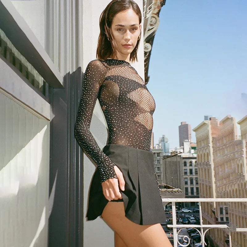 Long sleeve bodysuits sexy Summer outfit body suits women y2k clothes black bodysuit knitted rhinestone body suits seethrough