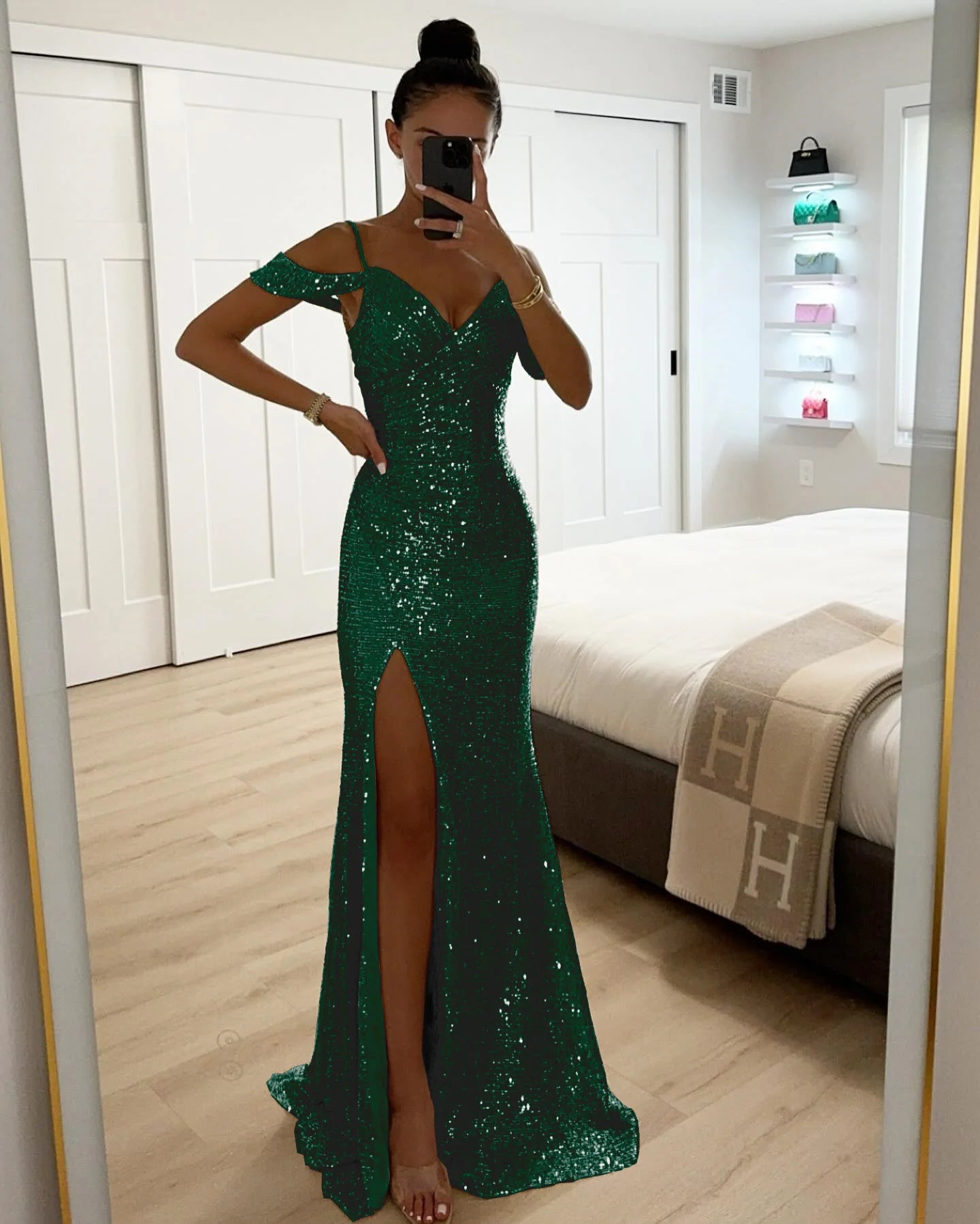 Ladies Fashion V Neck Shiny Sequin Party Dress Elegant Wrap Chest Slim Long Dress 2025 Casual Solid Color Split Evening Dresses