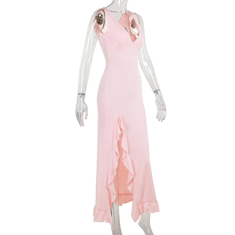 Ladies Summer Ruffle Evening Birthday Party Dress Women Sleeveless Backless Side Slit Long Dresses Clubwear Woman Clothes 2025
