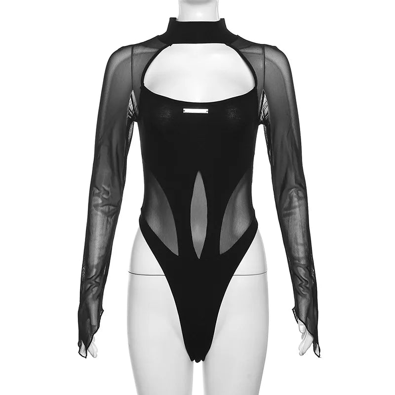 Sexy Hollow Out Bodysuit Woman Summer Mesh Splicing Backless Hottie Long-Sleeve High Collar Top Chic Skinny Clubwear Bodysuits