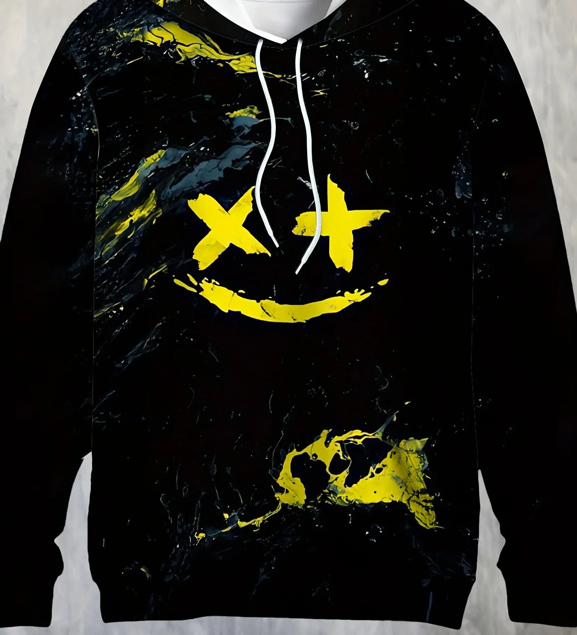 Versatile Trendy Men's Hoodie, Spring Autumn Smiley Graffiti Long Sleeve Sweatshirt with Unique Print and Pocket
