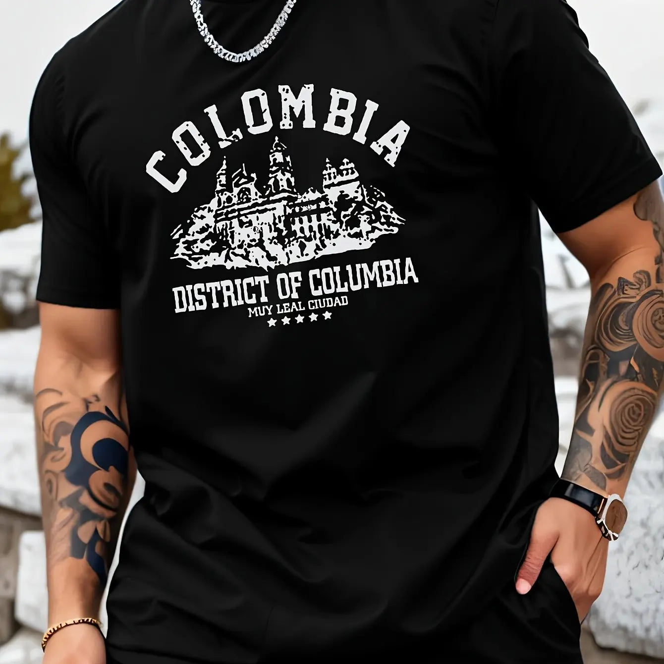 Men's summer 100% pure cotton fashionable casual loose Colombian architectural letter printed round neck short sleeved T-shirt