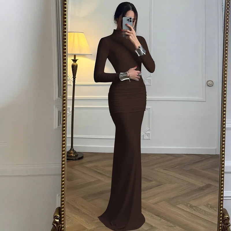 Elegant Backless Long Party Dresses for Women 2025 Autumn Long Sleeve High Waist Bodycon Tunics Folds Maxi Evening Prom Dress