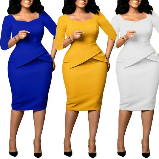 Church Dresses for Women 2025 Elegant Ladies Office Wear Casual Dress Long Sleeve Knee Length Solid Bodycon Peplum Pencil Dress