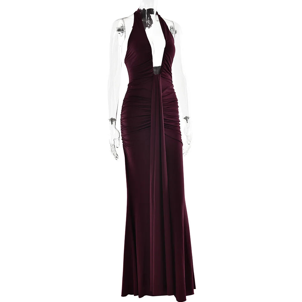 Suninbox Deep V Neck Backless Ruched Sexy Maxi Dress Women Gown Summer Halter Sleeveless Draped Club Party Long Dress 2025