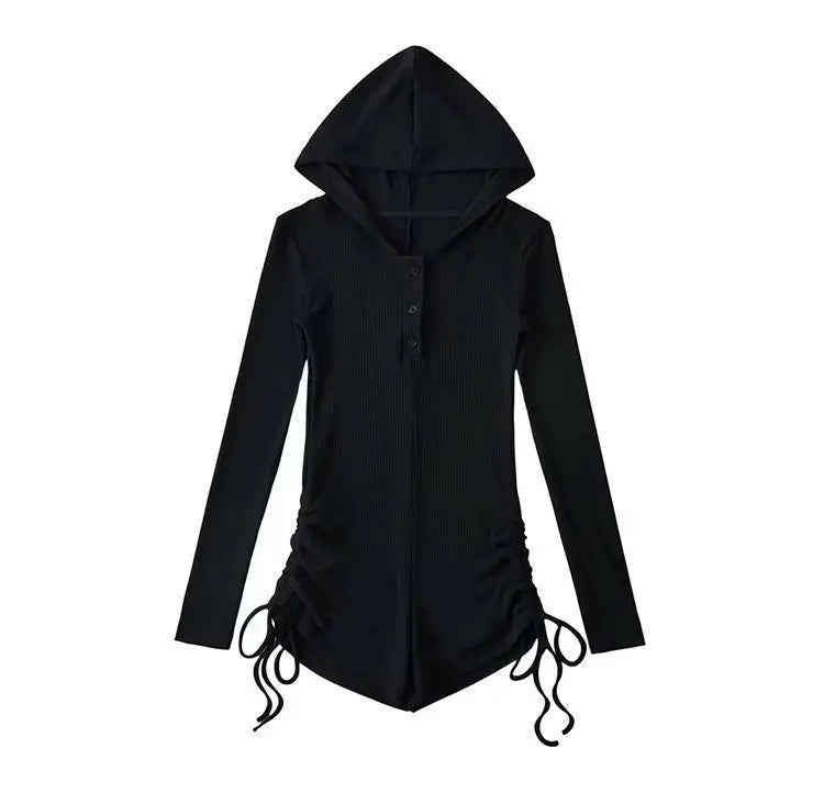 New Women Sexy Wasteland Style Hooded Rompers Spring Summer Solid Color Thin Long Sleeve Drawstring Shorts Spicy Girl Jumpsuit