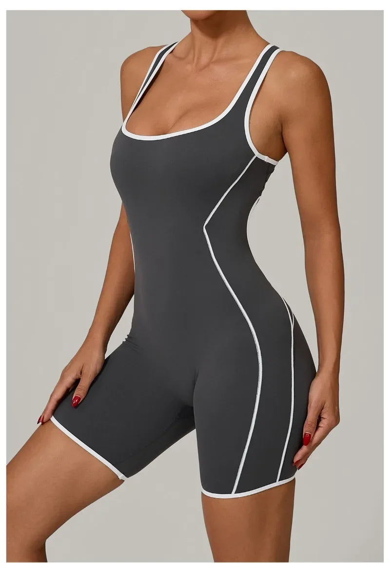 New Women's Seamless Yoga Romper - Fashion Open Back Color Contrast Sculpting Butt-Lifting Bodysuit for Running Gym Workout