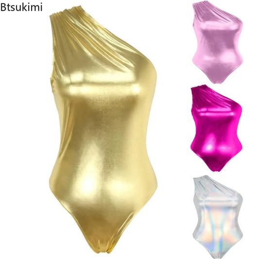 Women's Rompers Slanted Shoulder Onesie Patent Leather Retro Metallic Luster Nightclub Sexy Party Sleeveless Jumpsuit for Women