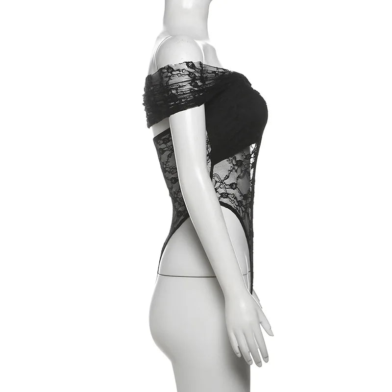Solid Bodysuit Off Shoulder Lingerie Sexy Body Feminino See Through Lace One-pieces Bustier Black Tops Women Festival Outfits
