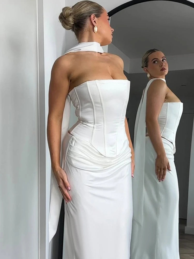 Eleegant Bandage Formal Occasion Dress Two Pieces Set Women Corset Top+Long Skirts Suit White Black Female Wedding Party Gown
