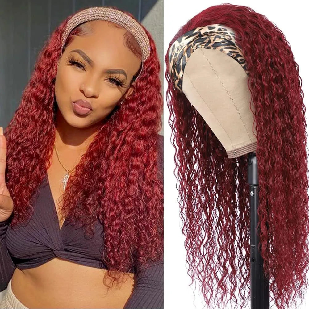 99J Burgundy Headband Wig Human Hair Deep Wave Headband Wigs Red Wine Water Wave Half Wigs Human Hair Wigs for Black Women