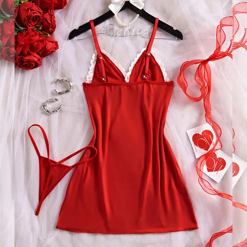 Pink Sweet Nightgown Female Elegant Sleep Dress Hot V-neck Bra Transparent Milk Silk Underwear Women's Pajamas With Panties Set