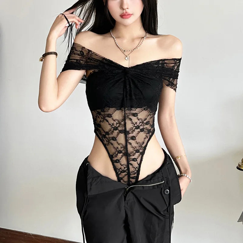 Solid Bodysuit Off Shoulder Lingerie Sexy Body Feminino See Through Lace One-pieces Bustier Black Tops Women Festival Outfits