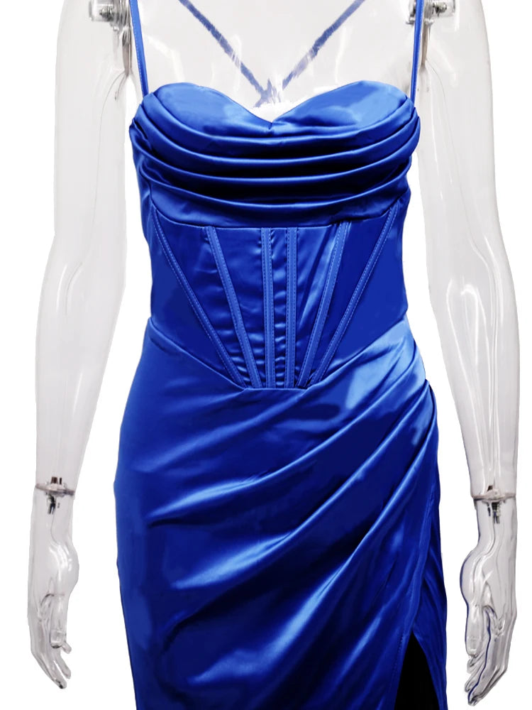 New Summer Prom Dress Women'S Sling Sleeveless Solid Color Dress One Word Neck Slim Fit Open Back Slit Red Sexy Dress