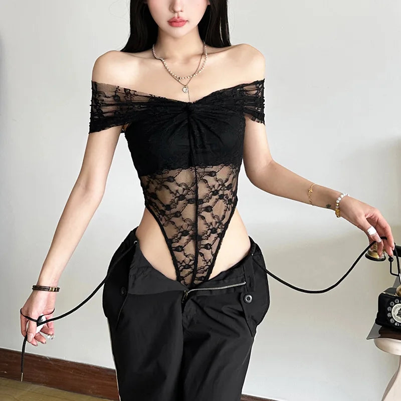 Solid Bodysuit Off Shoulder Lingerie Sexy Body Feminino See Through Lace One-pieces Bustier Black Tops Women Festival Outfits