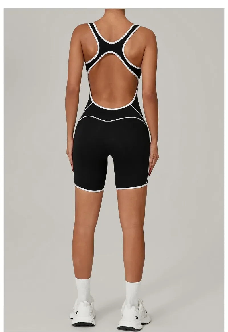 New Women's Seamless Yoga Romper - Fashion Open Back Color Contrast Sculpting Butt-Lifting Bodysuit for Running Gym Workout