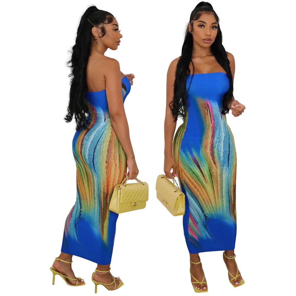 2025 Sundress Woman Summer Backless Tube Dresses Streetwear Casual Party Fashion Aesthetic Print Strapless Bodycon Maxi Dress