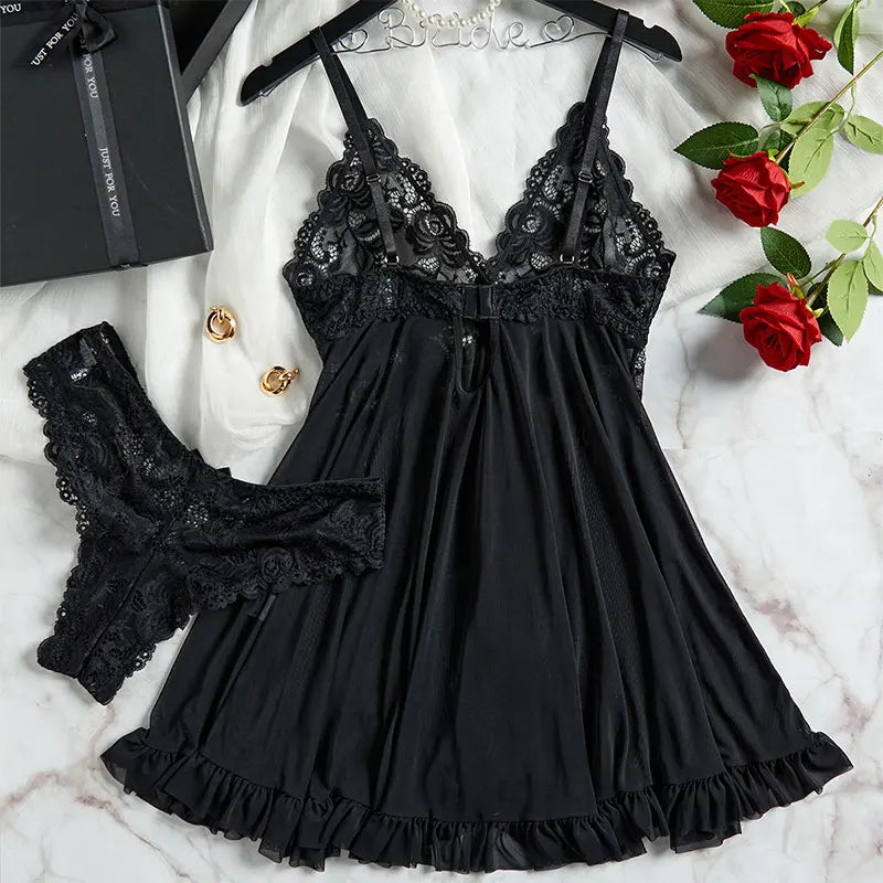Pink Sweet Nightgown Female Elegant Sleep Dress Hot V-neck Bra Transparent Milk Silk Underwear Women's Pajamas With Panties Set