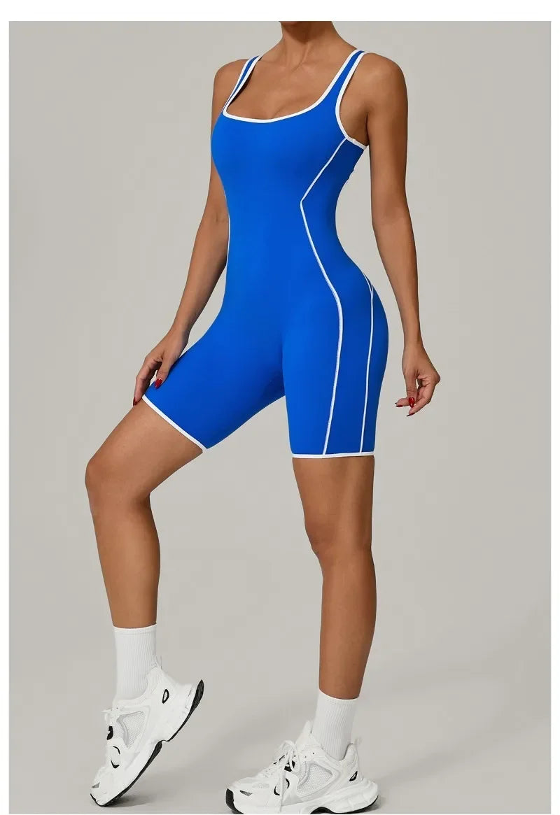 New Women's Seamless Yoga Romper - Fashion Open Back Color Contrast Sculpting Butt-Lifting Bodysuit for Running Gym Workout