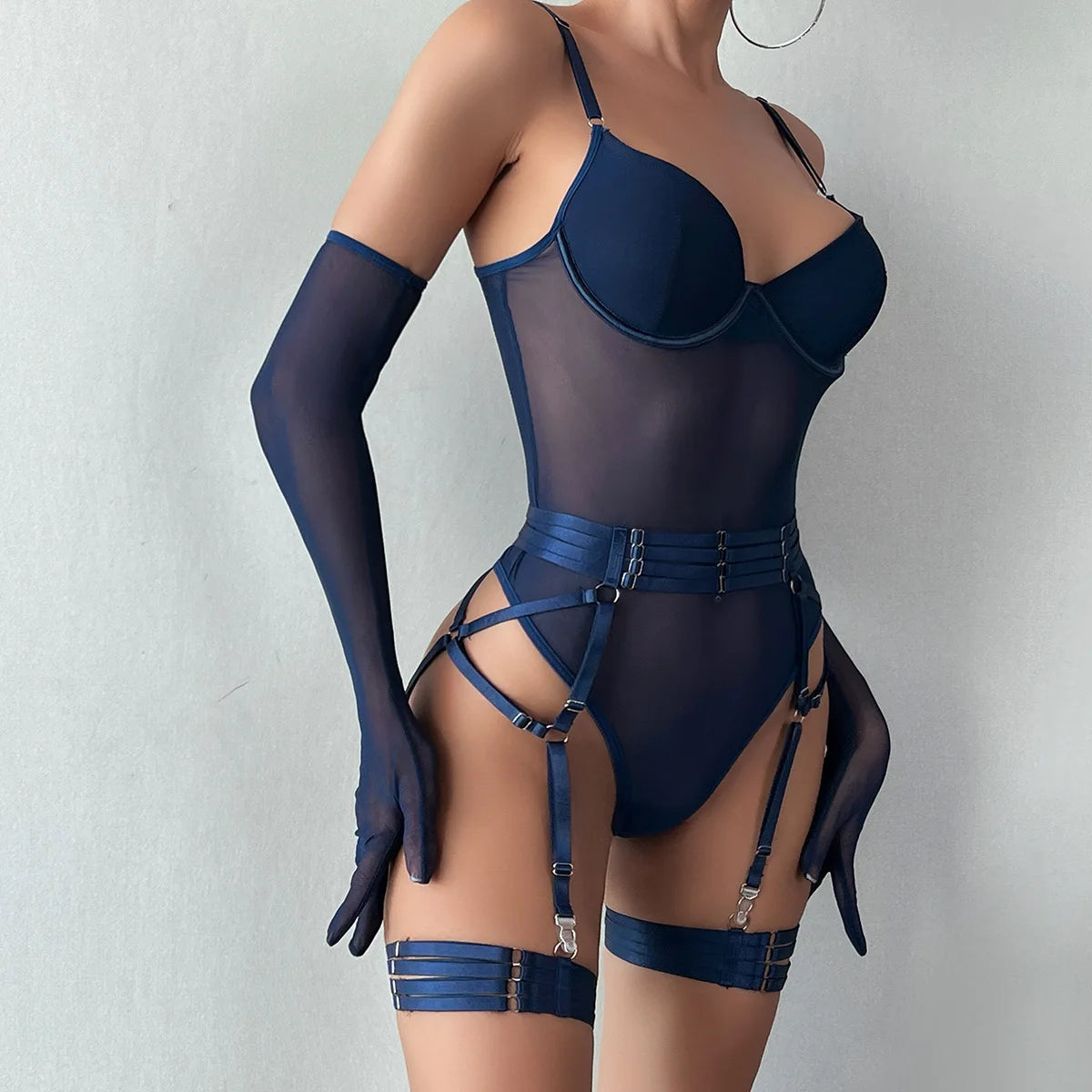 Bodysuit Sexy One-piece With Gloves Garters Mesh Women Rompers Clothing Body Suits Lace Jumpsuit Sweet Korean Women EV5W